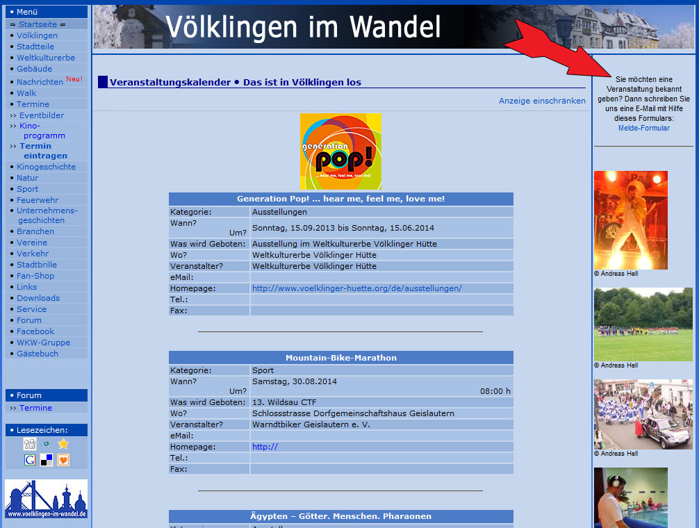 Veranstaltungskalender - über das Meldeformular (Pfeil) können auch Sie Termine bekannt geben