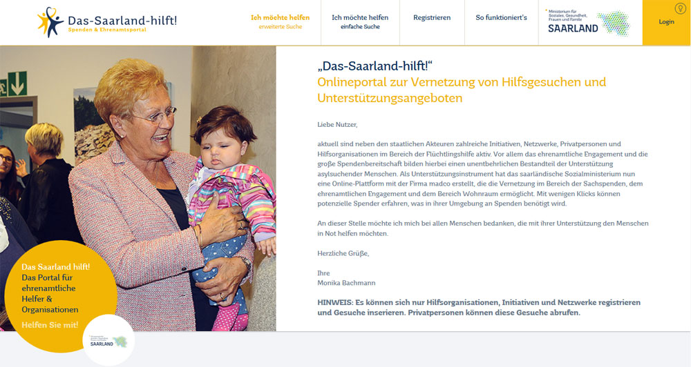 Screenshot des Portals "das Saarland hilft"