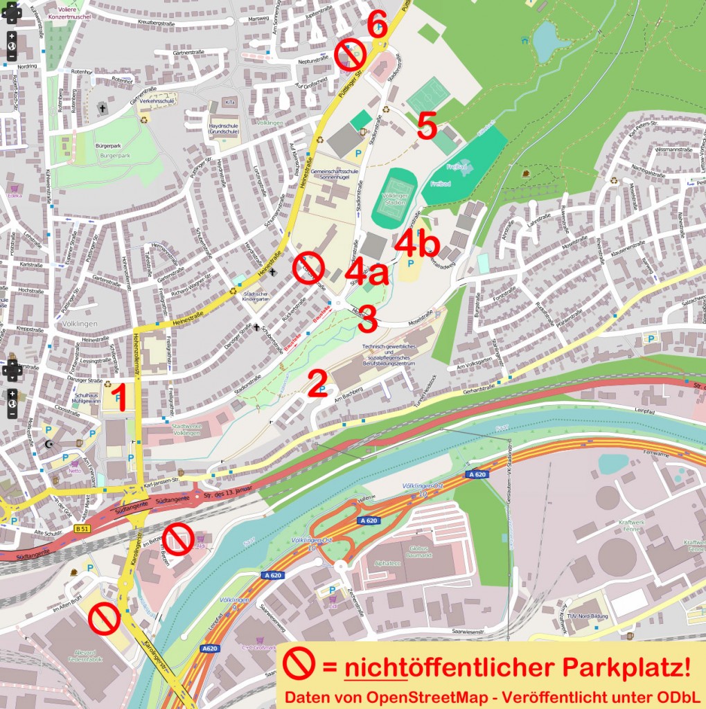 Parkplätze in Völklingen: 1 - Hindenburgplatz 2 - Parkplatz am BBZ 3 - Parken an der Moselstraße 4a - Parkplätze an der Hermann-Neuberger-Halle 4b - Parkplatz Köllertalbad 5 - Waldparkplatz an den ehem. Tennisanlagen 6. Park-&Ride-Parkplatz