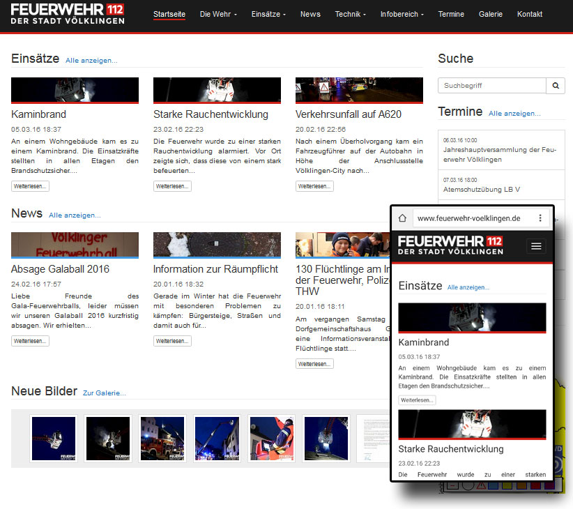 Heute ging die neue Webseite der Feuerwehr Völklingen online - auch mit dem Smartphone wird die Seite stehts passend angezeigt (unten rechts)