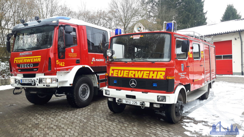 Die beiden neuen Fahrzeuge, das LF Florian Völklingen 5/42 und das alte LF 8 Florian Völklingen 5/18 a.D. (Foto: F. Kirchmeier/FFW)