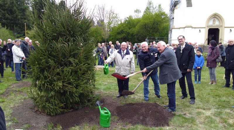 Gemeinsam mit Bernd Reichert und Aribert von Pock vom Saarwald-Verein sowie Dennis Feidt von der Firma Fielmann pflanzte Völklingens Oberbürgermeister Klaus Lorig den Baum des Jahres 2017, eine Fichte. (Foto: Stadt VKL)