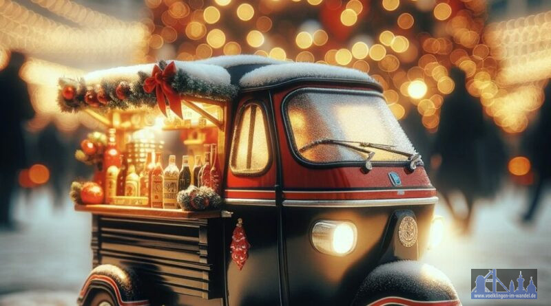 Der „Völklinger Glühwein on Tour“ feiert Premiere, weshalb es noch keine Fotos gibt. Dieses Bild wurde vom Citymanagement mit der künstlichen Intelligenz (KI) DALL-E generiert. Übrigens: Am 6.6.2024 findet im City-Büro ein Workshop zum Thema KI für Gewerbetreibende statt.