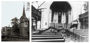 Die von den Flammen und Löschwasser verwüstete Kirche. *Sie sieht nicht so sehr in Mitleidenschaft gezogen aus, wie es teilw. dargestellt wird*