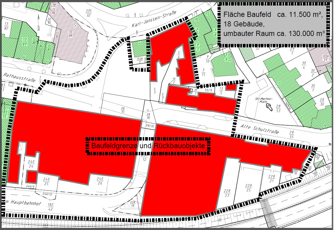 Rot: Die Gebäude die abgerissen werden. Die graue Linie grenzt das Baufeld ein. (Grafik: Stadt)