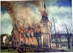 Der Brand von 1922 auf einem Gemälde. So groß konnten die Flammen allerdings nicht gewesen sein, wie auf diesem Gemälde dargestellt (siehe Fotos weiter unten)
