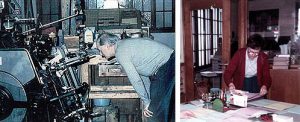 Links: Ludwig von der Eltz beim arbeiten am Heidelberger Tiegel; rechts: Marie von der Eltz im damaligen "Büro" bzw. Ladengeschäft (im Hintergrud sehen Sie jeweils die Bleisatzabteilung) © Druckerei von der Eltz