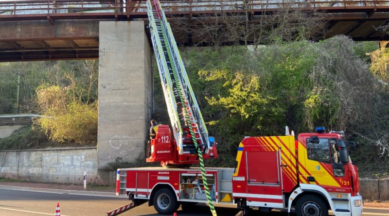 Durch die Einsatzkräfte wurde eine Wasserversorgung von der Bundesstraße 51 über die Drehleiter zum Brandherd aufgebaut und die Brandbekämpfung eingeleitet. Foto: Feuerwehr Völklingen