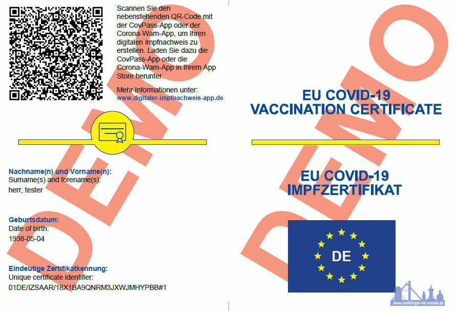 Muster des digitalen Impfzertifikates