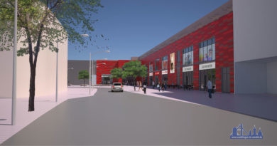Modepark Röther in Völklingen: Information der Öffentlichkeit über Baufortschritt Der Modepark in einer 3D-Grafik, gesehen von der Rathausstraße (Grafik: Röther)