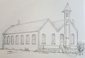 Eine Zeichnung von Oswald Poth der Notkirche Fenne
