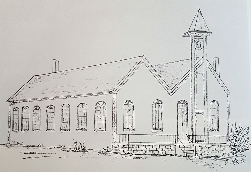 Eine Zeichnung von Oswald Poth der Notkirche Fenne