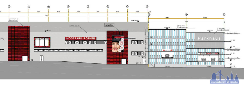 Bauzeichnung des Modeparks "Fassade Rathausstraße"(Grafik: Modepark Röther)