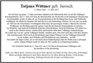 Todesanzeige Tatjana Wittmer geb. Jarosch (Quelle Facebook/Die Linke Völklingen)