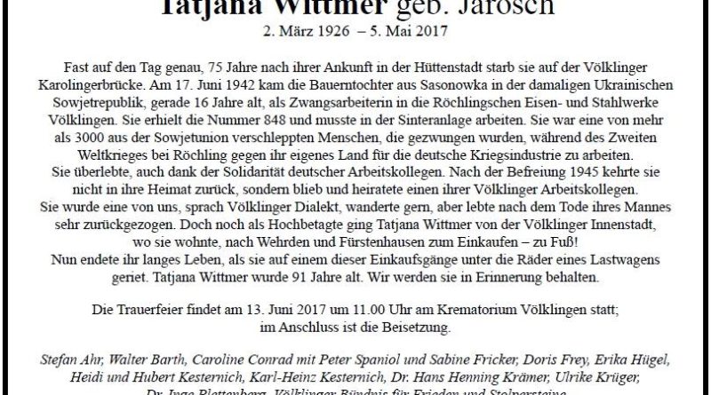 Todesanzeige Tanja Wittmer geb. Jarosch (Quelle Facebook/Die Linke Völklingen)