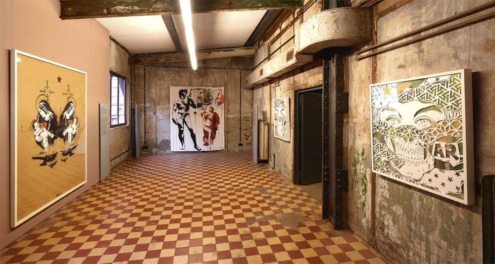 Die "4. UrbanArt Biennale® 2017" im Weltkulturerbe Völklinger Hütte Kunstwerke: Banksy: Toxic Mary (double), 2003 | Blek le Rat: David on Wood, 2016 | Ian Kuali’i: Fragments Melancholy Wasteland #7 | #8, 2016 Copyright: © Weltkulturerbe Völklinger Hütte/Hans-Georg Merkel