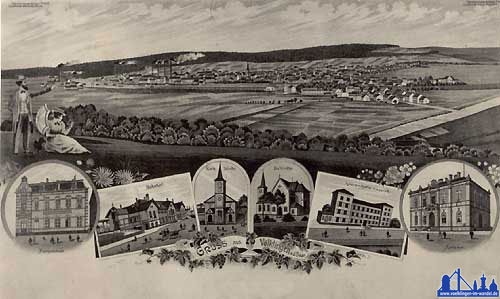 Eine Postkarte von 1893 zeigt neben einem Blick auf Völklingen das Postamt, den damals neuen Bahnhof, die Kirche St. Eligius, die Martinskirche, das Lazarett sowie das Gemeindehaus.